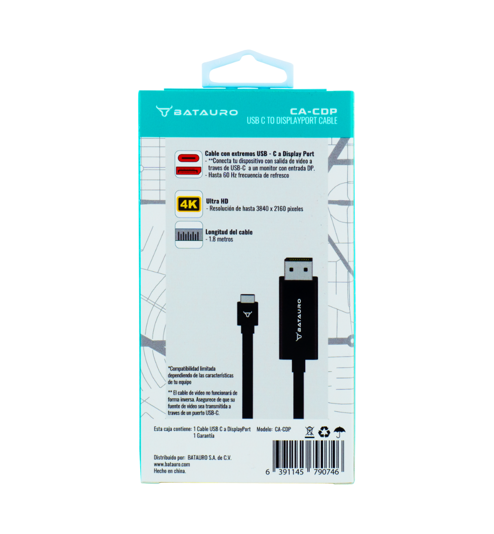 Cable de Video Batauro USB-C Macho a DisplayPort Macho 1.8 Metros Negro