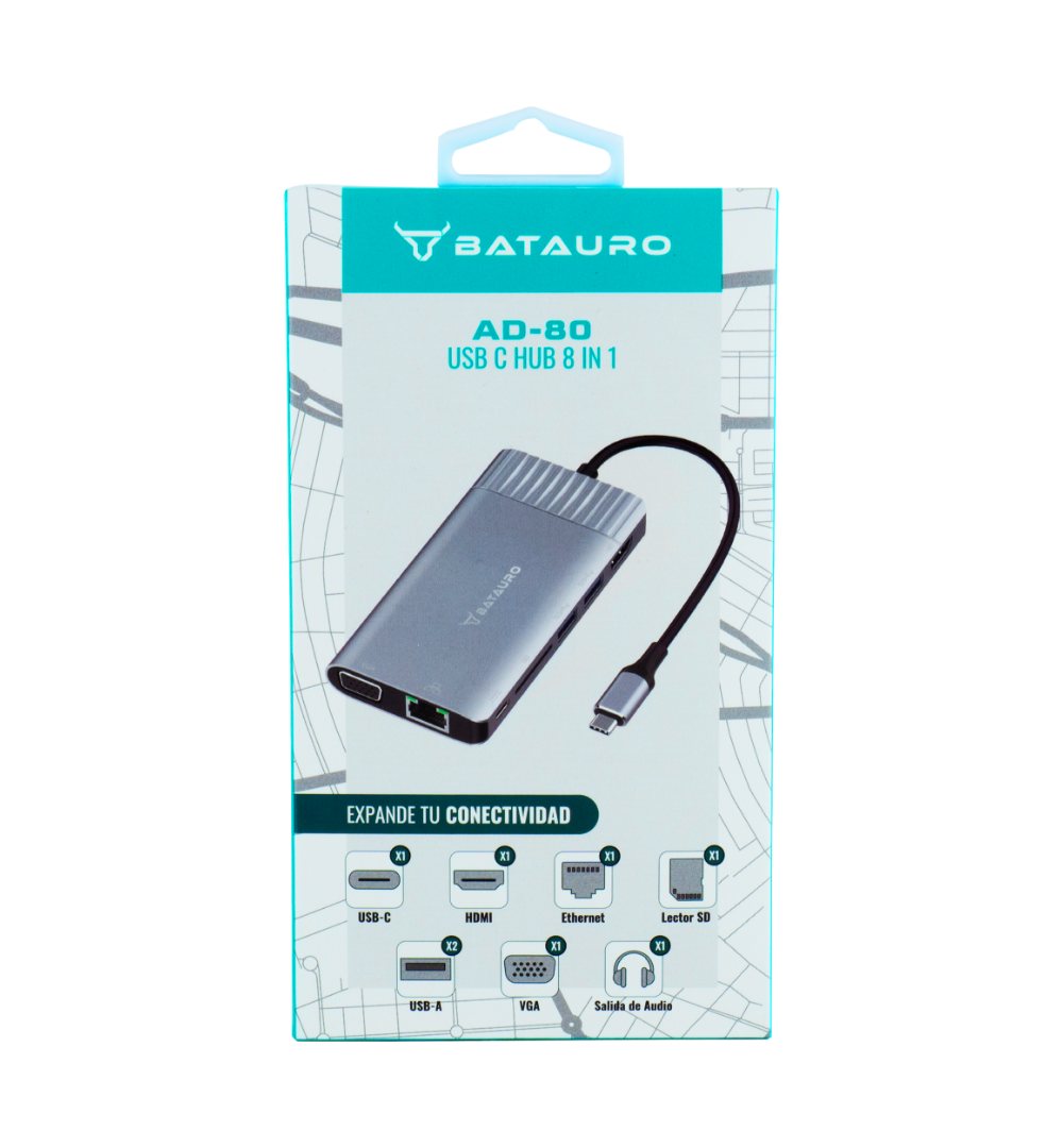 Hub USB-C Batauro 1 x HDMI 1 x VGA 2 x USB 3.0 1 x PD 1 x LAN 1 x SD 1 x 3.5mm Gris