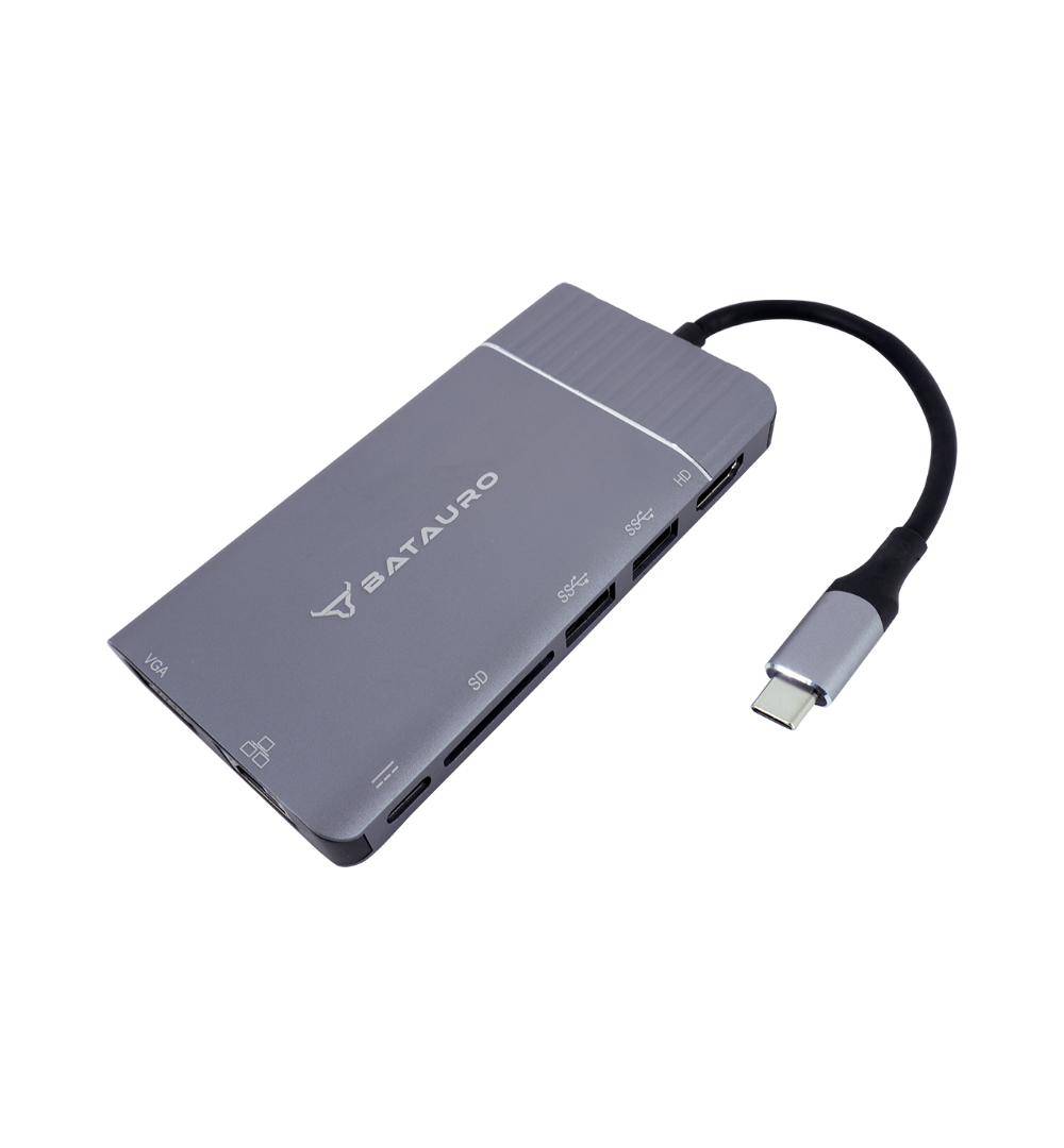 Hub USB-C Batauro 1 x HDMI 1 x VGA 2 x USB 3.0 1 x PD 1 x LAN 1 x SD 1 x 3.5mm Gris