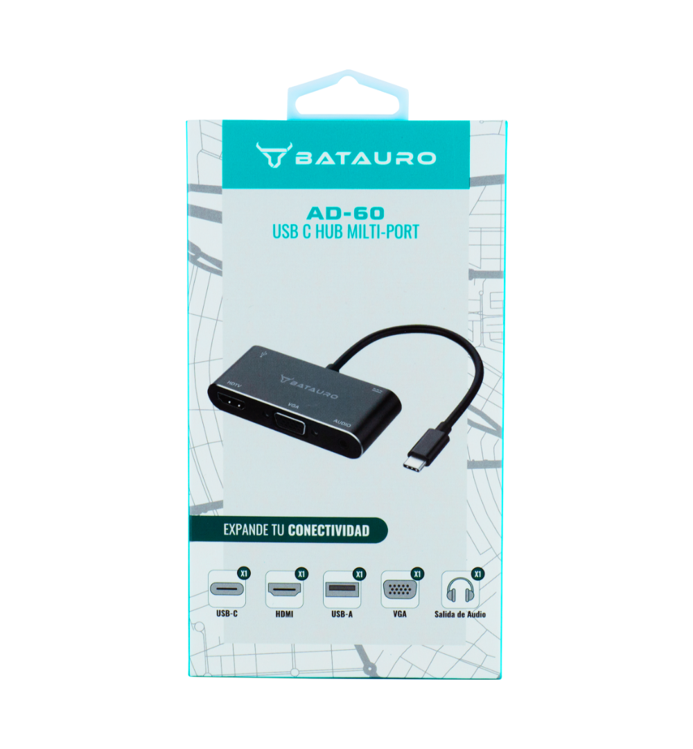 Hub USB-C Batauro 1 x HDMI 1 x VGA 1 x 3.5mm 1 x USB 3.0 1 x PD Negro