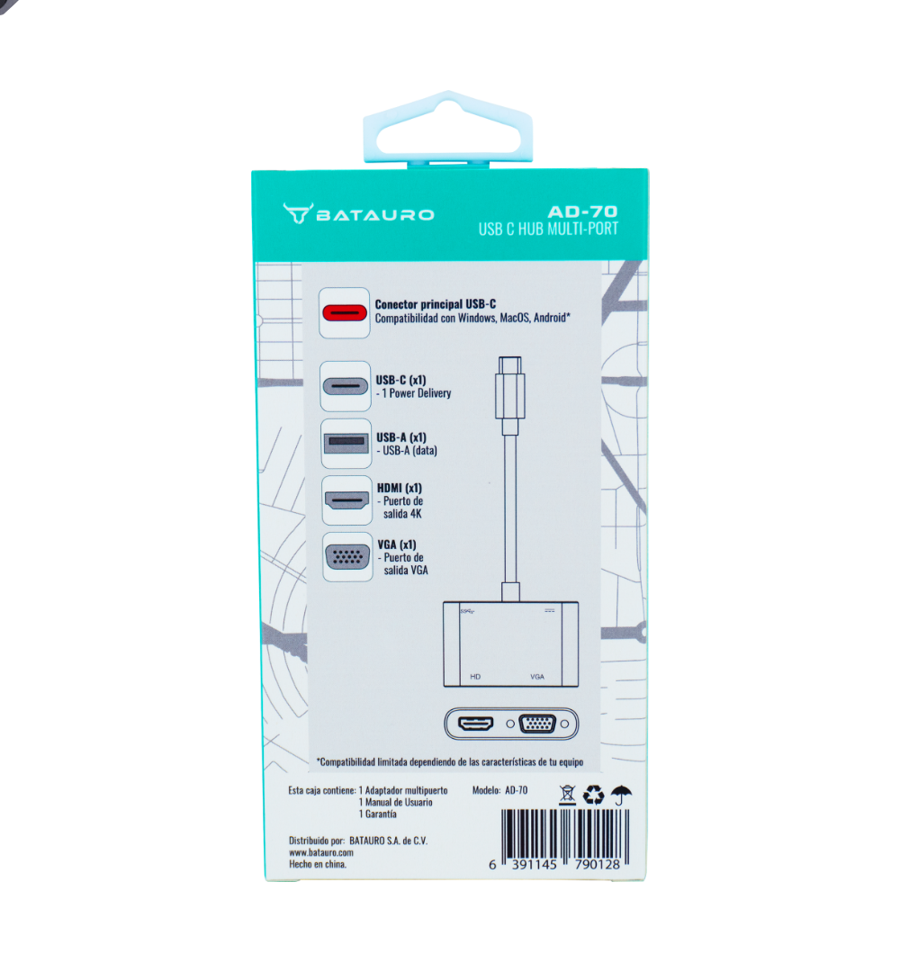 Hub USB-C Batauro 1 x HDMI 1 x VGA 1 x USB 1 x PD Gris