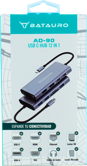 Descripción Hub USB-C Batauro 1 x HDMI 1 x VGA 2 x USB 3.0 3 x USB-C 1 x PD 1 x SD 1 x Micro SD 1 x 3.5mm Gris