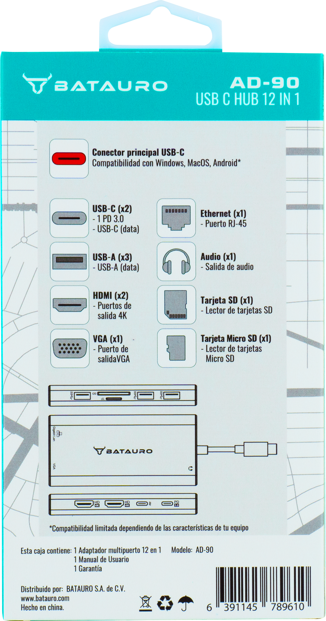 Descripción Hub USB-C Batauro 1 x HDMI 1 x VGA 2 x USB 3.0 3 x USB-C 1 x PD 1 x SD 1 x Micro SD 1 x 3.5mm Gris