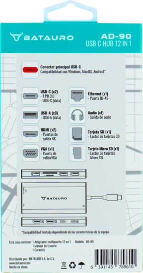 Descripción Hub USB-C Batauro 1 x HDMI 1 x VGA 2 x USB 3.0 3 x USB-C 1 x PD 1 x SD 1 x Micro SD 1 x 3.5mm Gris