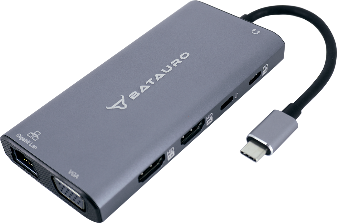 Descripción Hub USB-C Batauro 1 x HDMI 1 x VGA 2 x USB 3.0 3 x USB-C 1 x PD 1 x SD 1 x Micro SD 1 x 3.5mm Gris